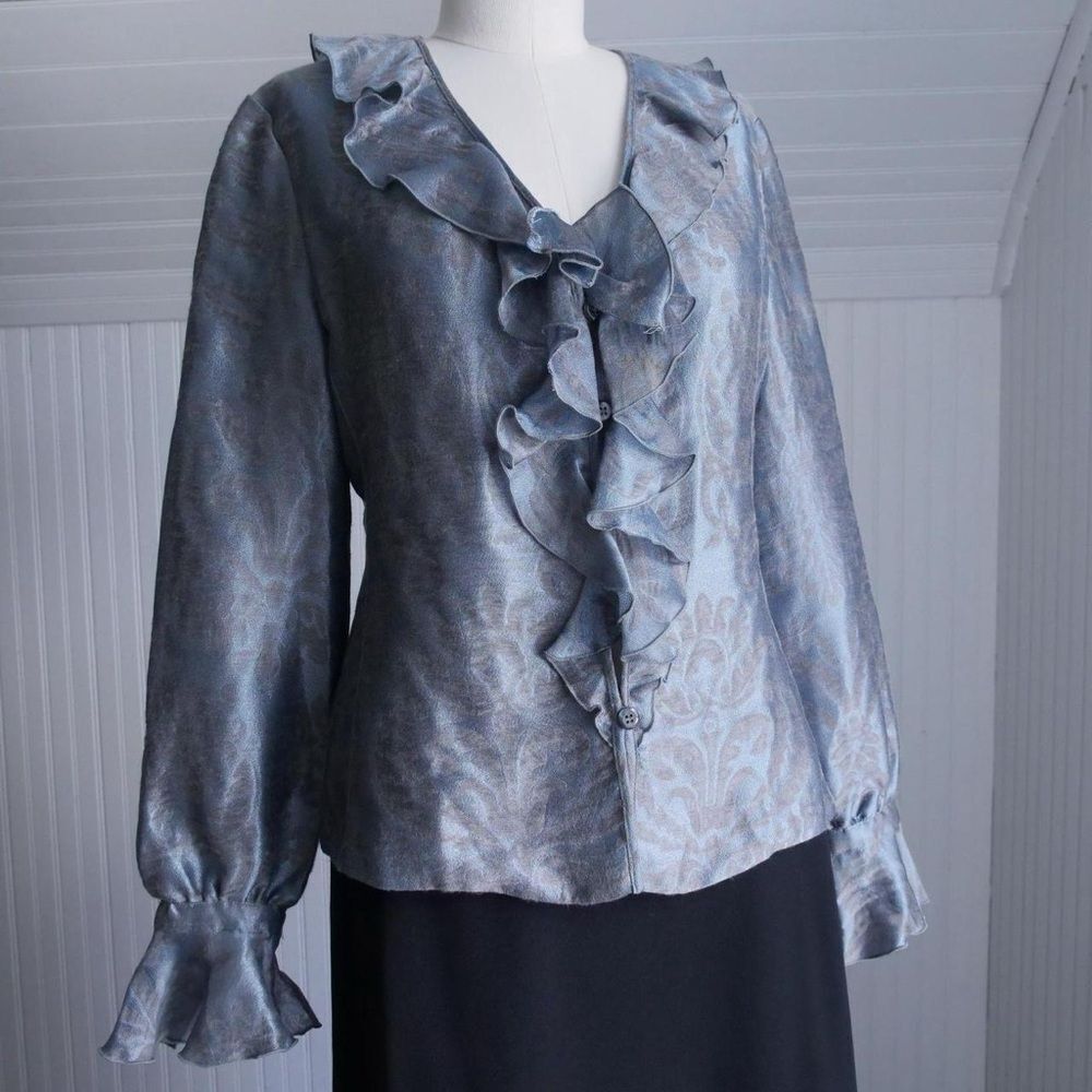 90s Armani Collezioni shimmery ruffle button down blouse